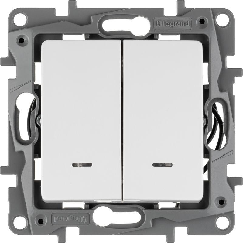 Выключатель 2-кл. СП Etika 10А IP20 250В 10AX с подсветкой/индикацией безвинтов. зажимы механизм бел. Leg 672204