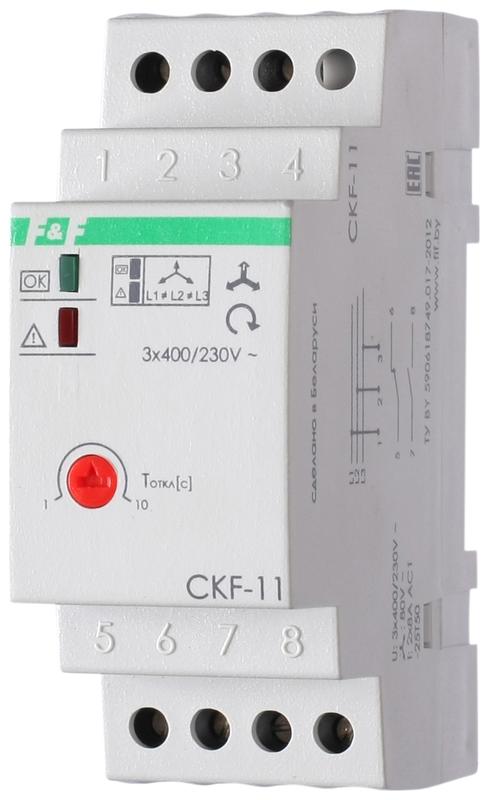 Реле контроля фаз для сетей с изолированной нейтралью CKF-11 (монтаж на DIN-рейке 35мм; регулировка задержки отключения; контроль чередования фаз; 3х400В 8А 1Z 1R IP20)(аналог ЕЛ-11Е) F&F EA04.004.003