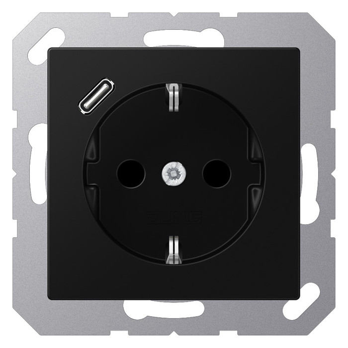 Розетка с USB Jung A 500, скрытый монтаж, с заземлением, черный матовый, A1520-18CSWM